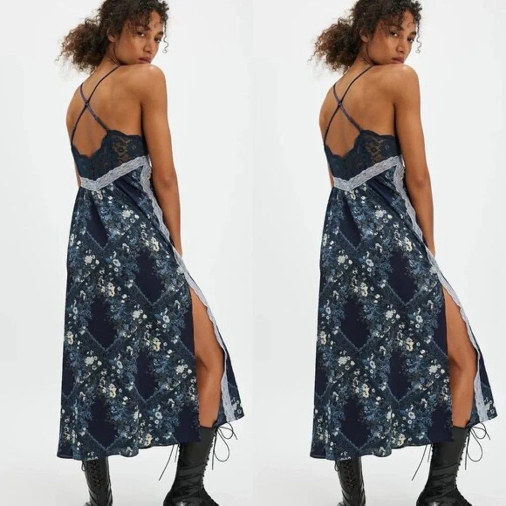 Free People Navy Floral Lace-Trim Maxi Dress